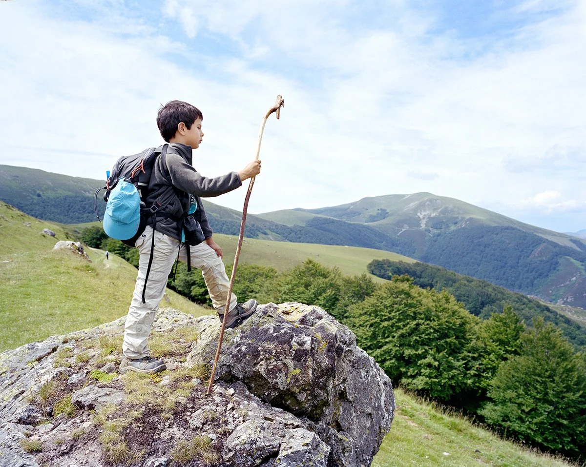 Young boy with a backpack looking at the view in a mountain landscape. He is standing on a rock with a walking stick.