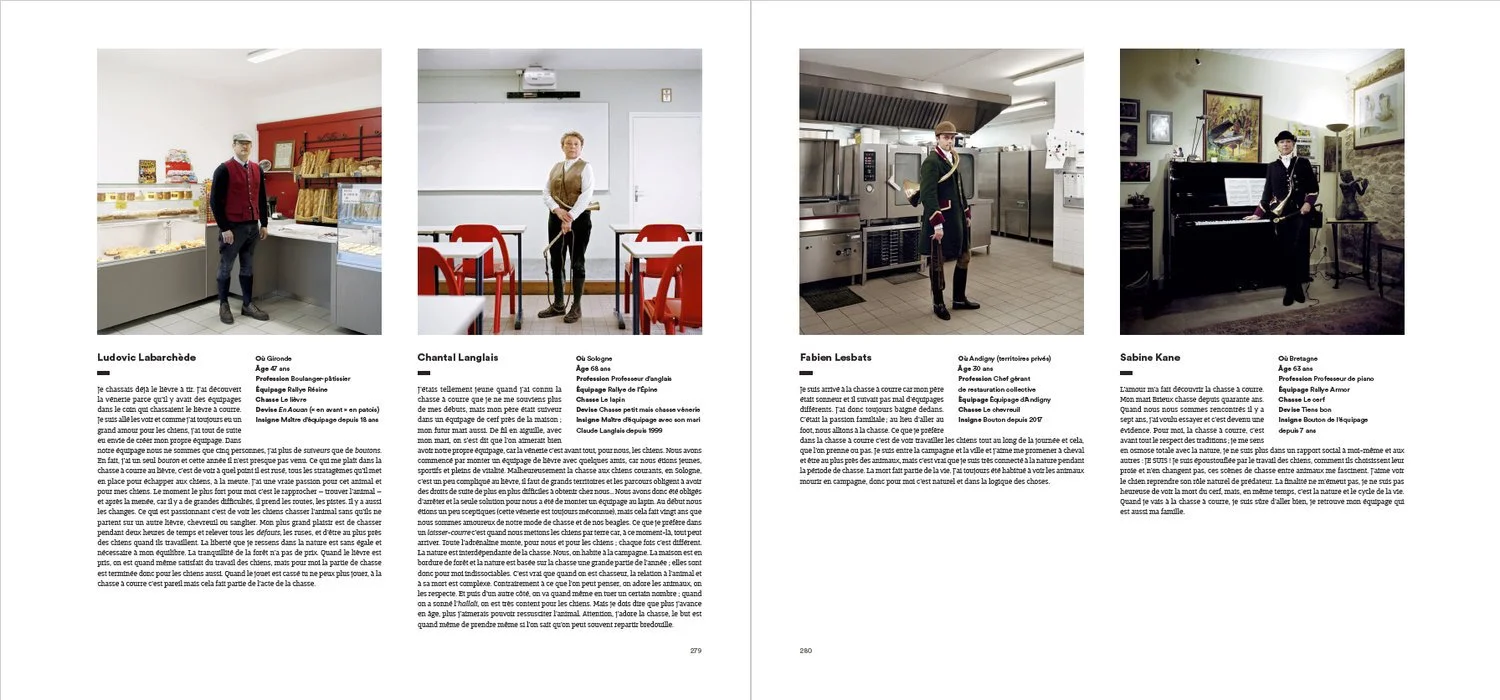 Quatre photos de chasseurs avec leur chien dans différents lieux, accompagnés de textes descriptifs en français.