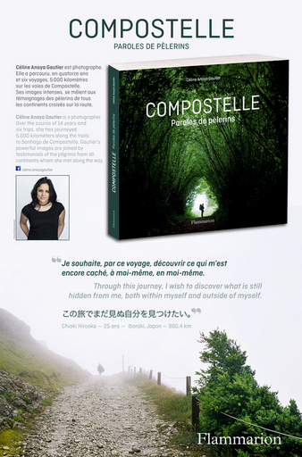 Cover of a book entitled "Compostelle" with a green forest and a path, and another landscape image with a mountain path. Description in French, English and Japanese, with a photo of the author at bottom left.