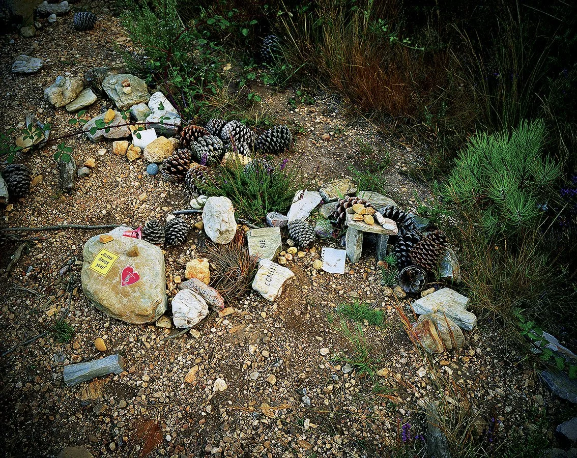 Place pebbles, cobbles, pincones and small objects, including notes and drawings, on rocky ground in the open air, with green and succulent plants all around.