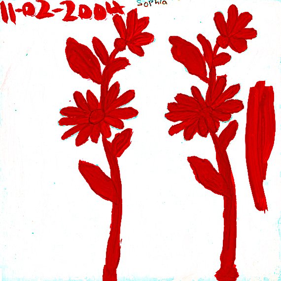 Dessin d'un bouquet de fleurs rouges avec feuilles et un fond blanc. La date 11-02-2004 et le nom Sophie sont écrits en rouge en haut, avec un autre nom en bleu, probablement 'Sophia'.
