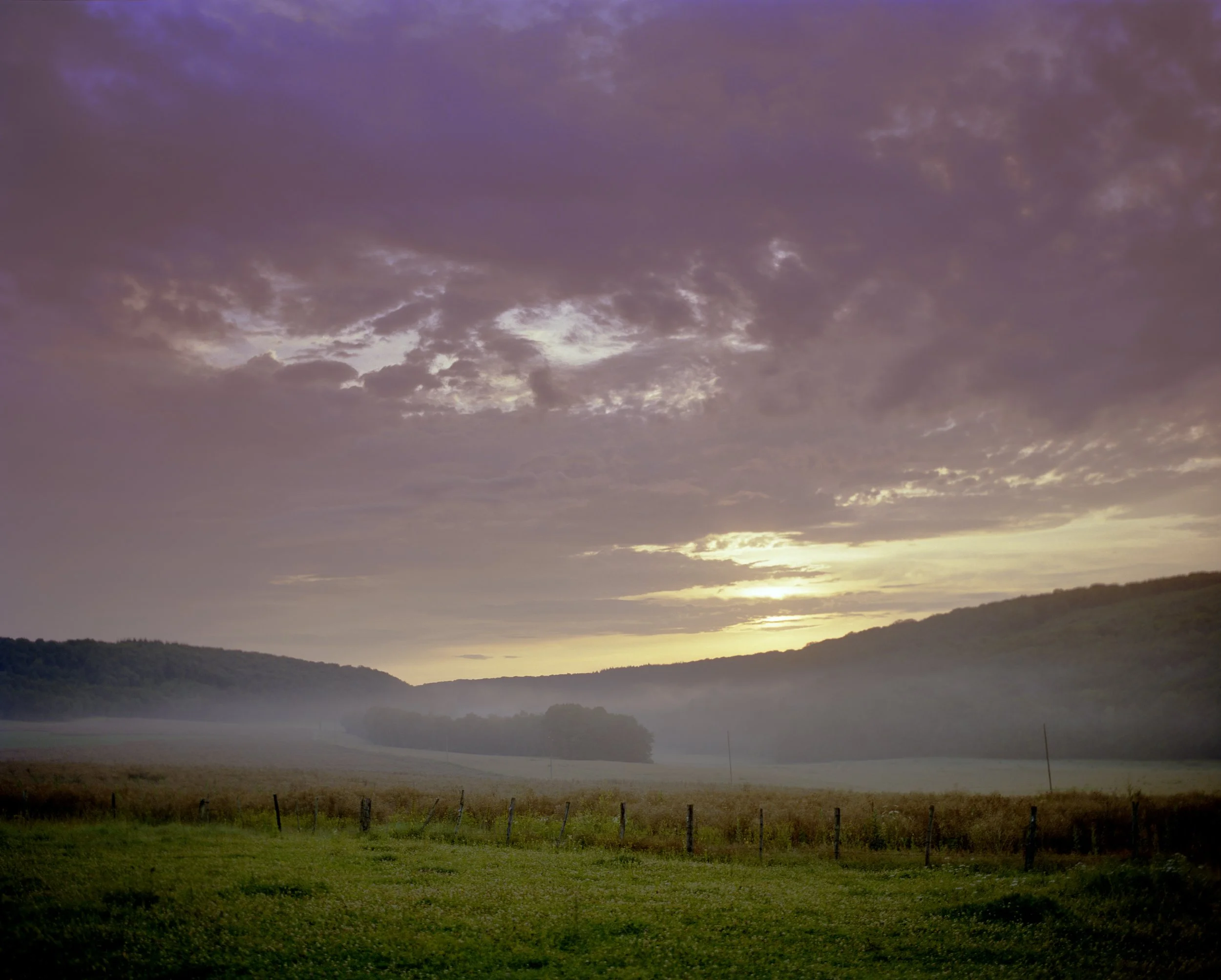 Sunrise over a valley with field and forest, cloudy sky with violet and golden hues.