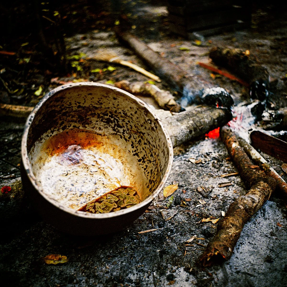 Handle of an old mug left on an ashen floor next to a skull fire, with burnt wood and dead leaves around it.