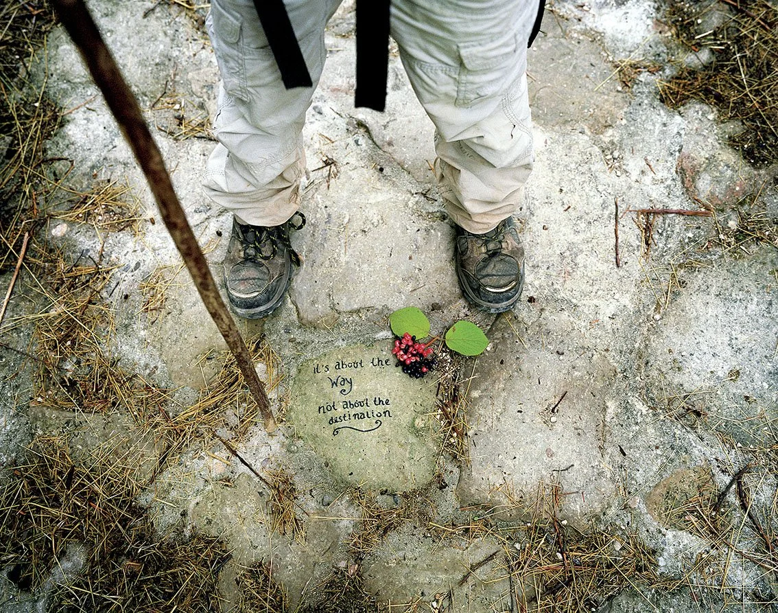 A nature trail with a plaque on the ground reading "It's about the way not about the destination" and a small flower arrangement beside it.