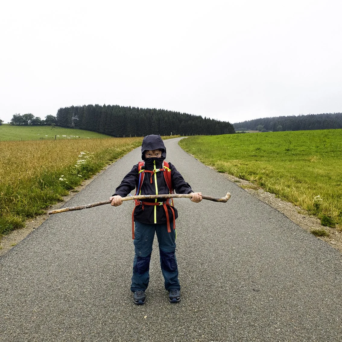 A child dressed for the rain with a backpack, holding a stick, stands in the middle of a country road surrounded by green fields and trees in the distance, under a gray sky.
