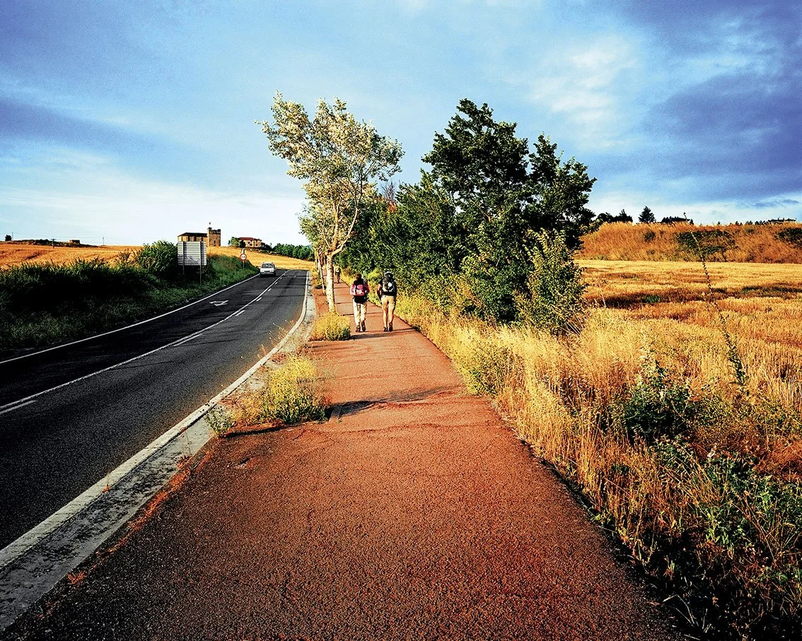 Two people are walking on a sunny sidewalk lined with trees and dry grass, with a road to the left and a cloudy sky in the background.