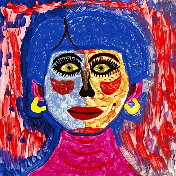 Peinture abstraite représentant un visage de femme avec des couleurs vives et un fond éclectique.
