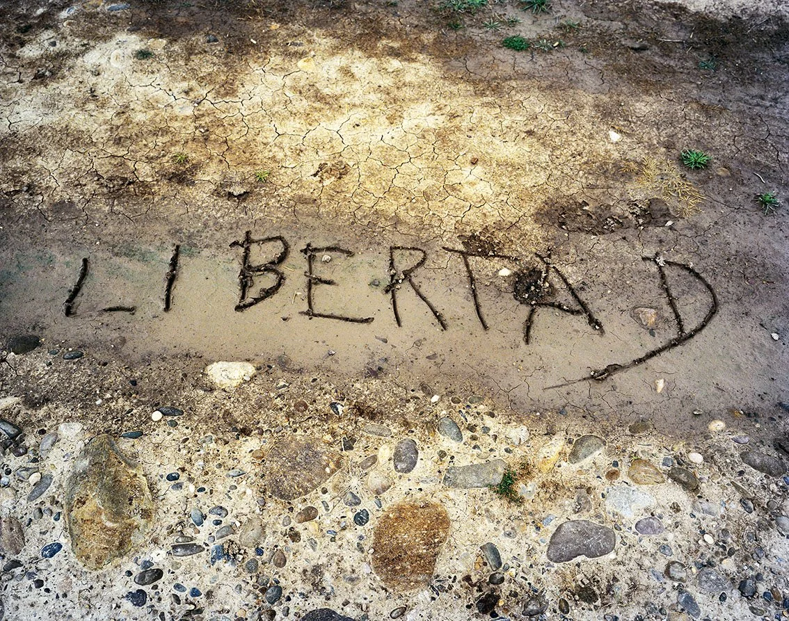 The word 'LIBERTÉ' written in the ground with branches or twigs.