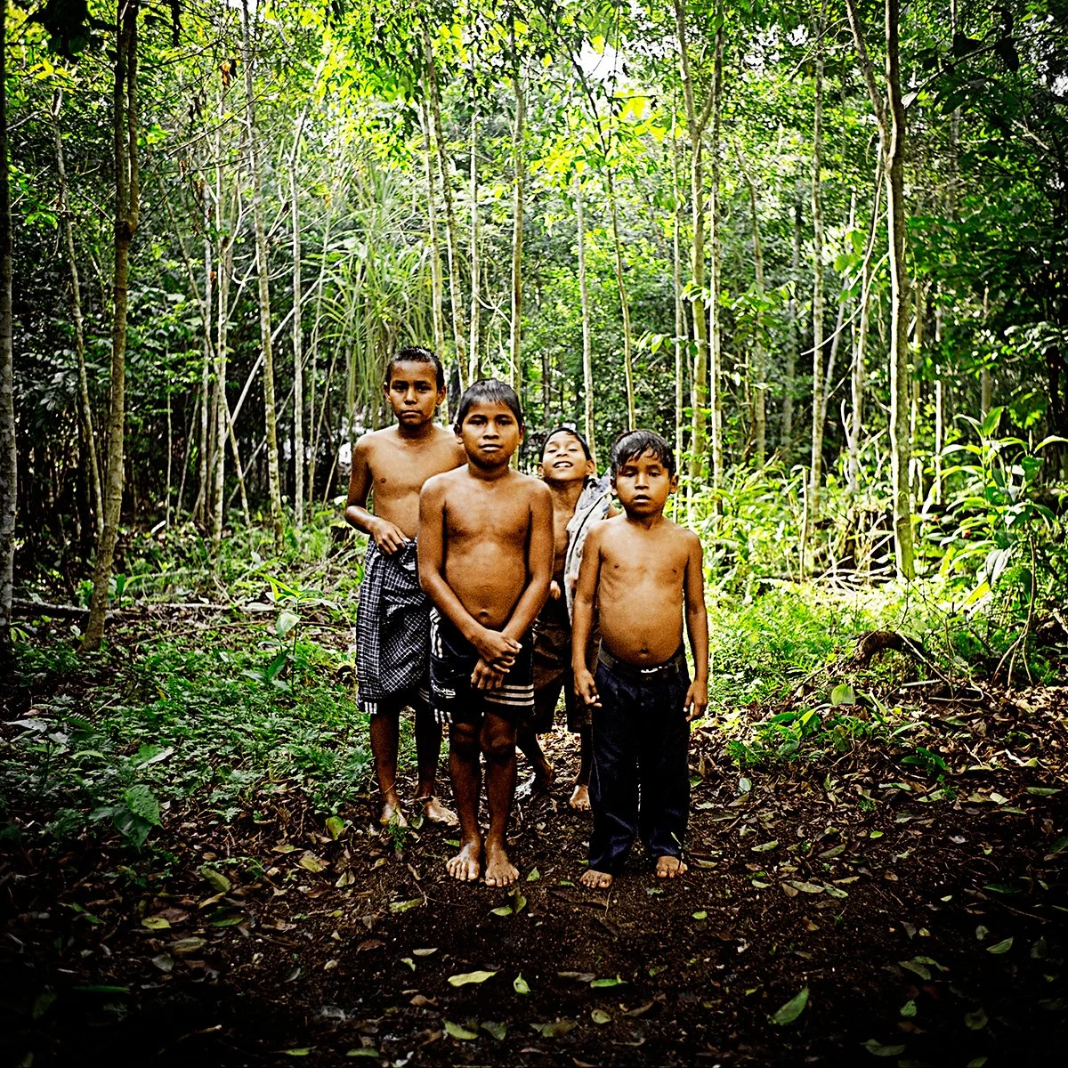 Four unclothed children run through the dense green jungle.