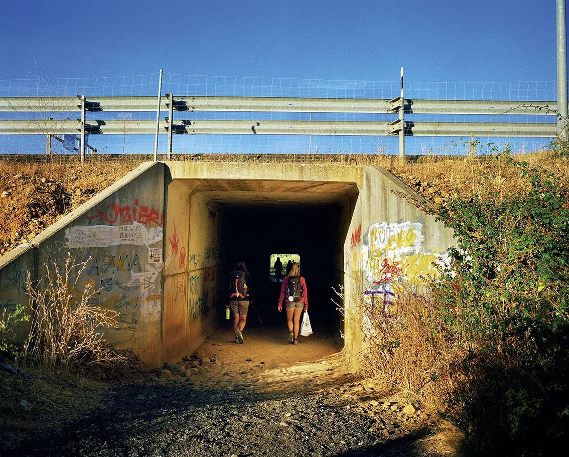 Two people walking in a tunnel under a road, with graffiti on the tunnel walls and dry vegetation all around.