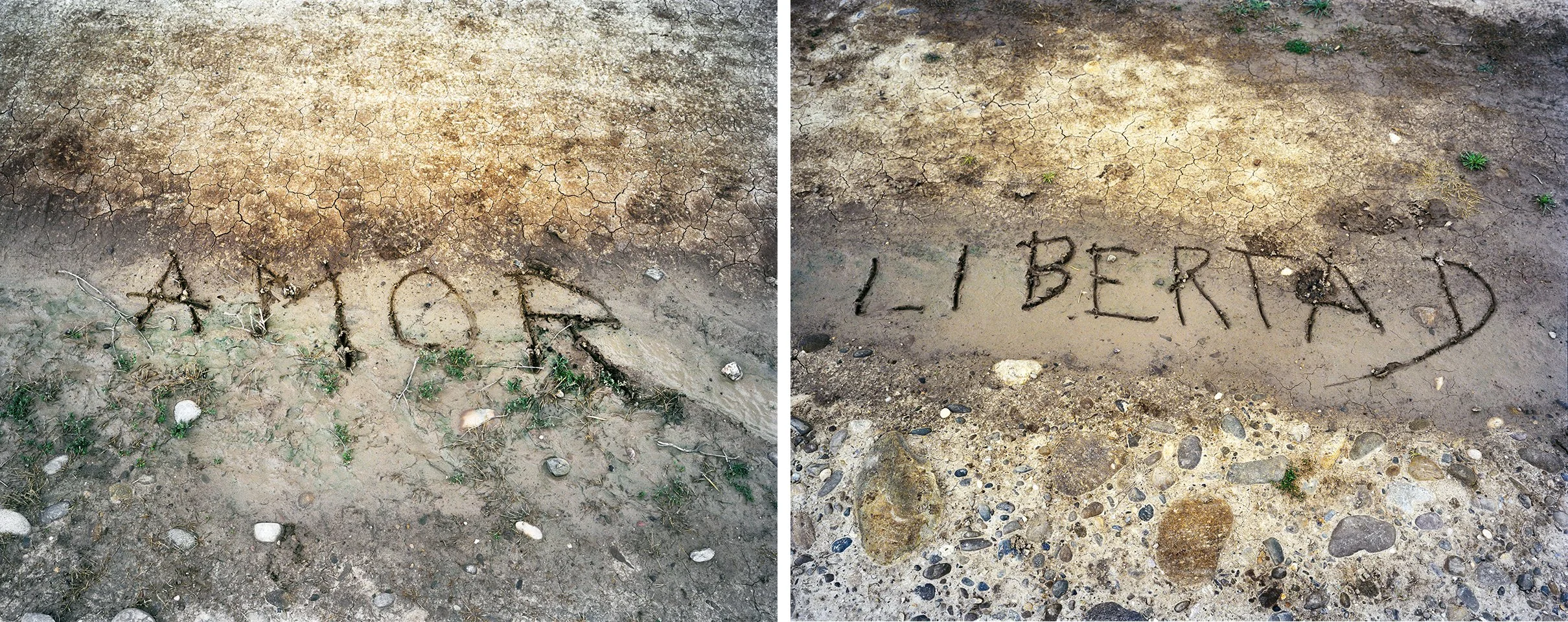 Two photos showing messages written in the earthen floor, one with the word 'AIOR' and the other with 'LIBERTAD'.