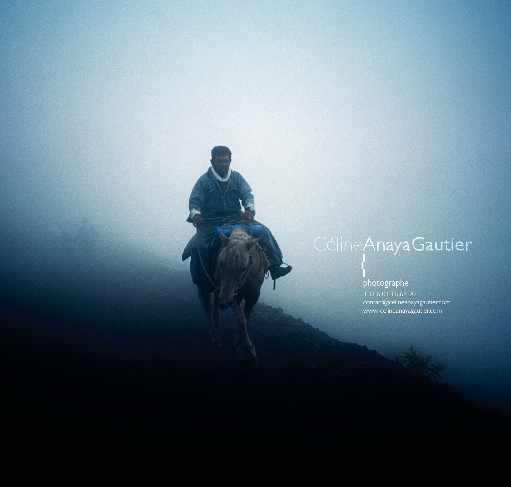 Photograph of a person on horseback in a foggy setting, with text indicating photographer Céline Anaya Gautier's name, contact details and website.