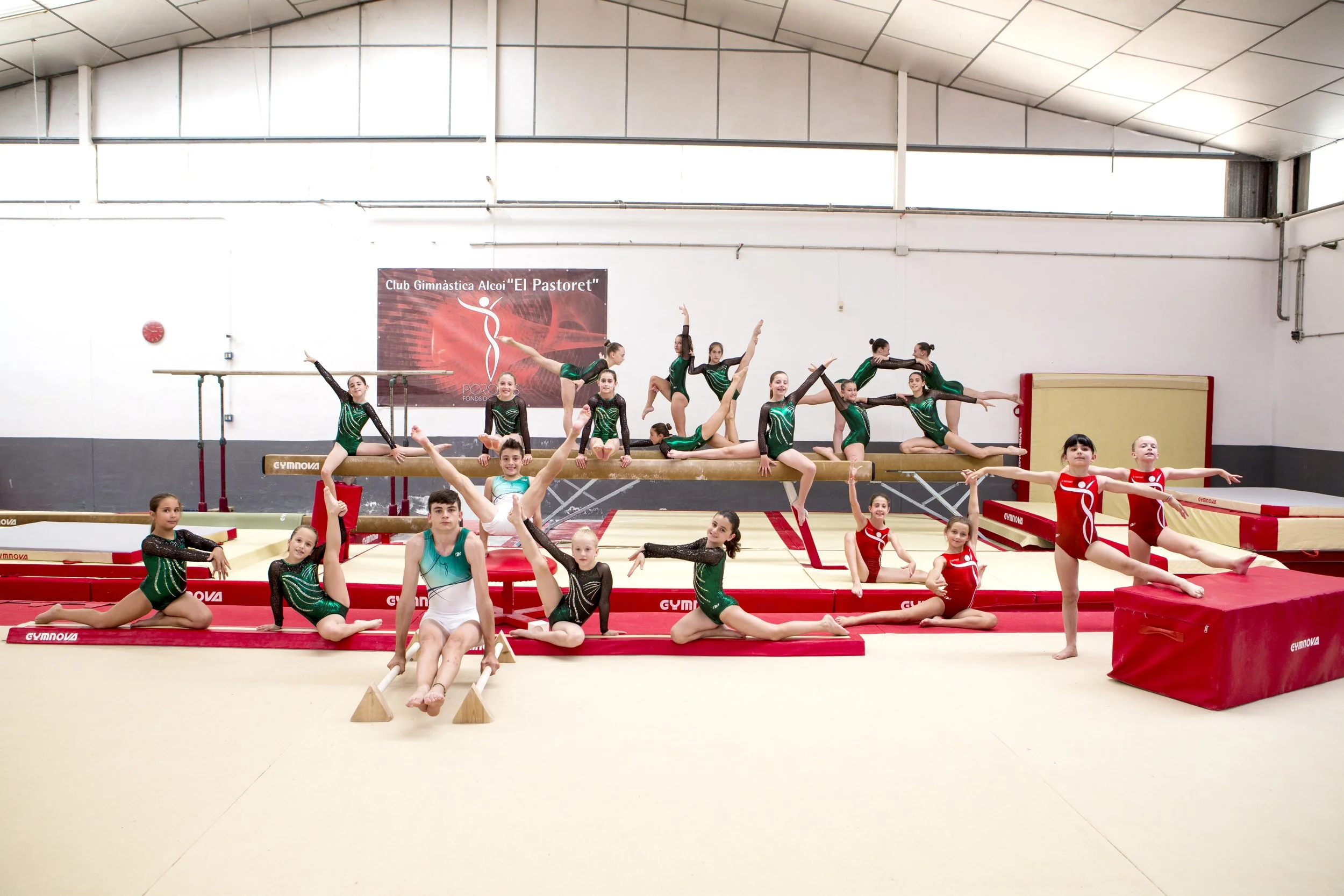 Group of young gymnasts posing in a gymnasium, wearing green and red gymnastics outfits, with gymnastics equipment in the background.