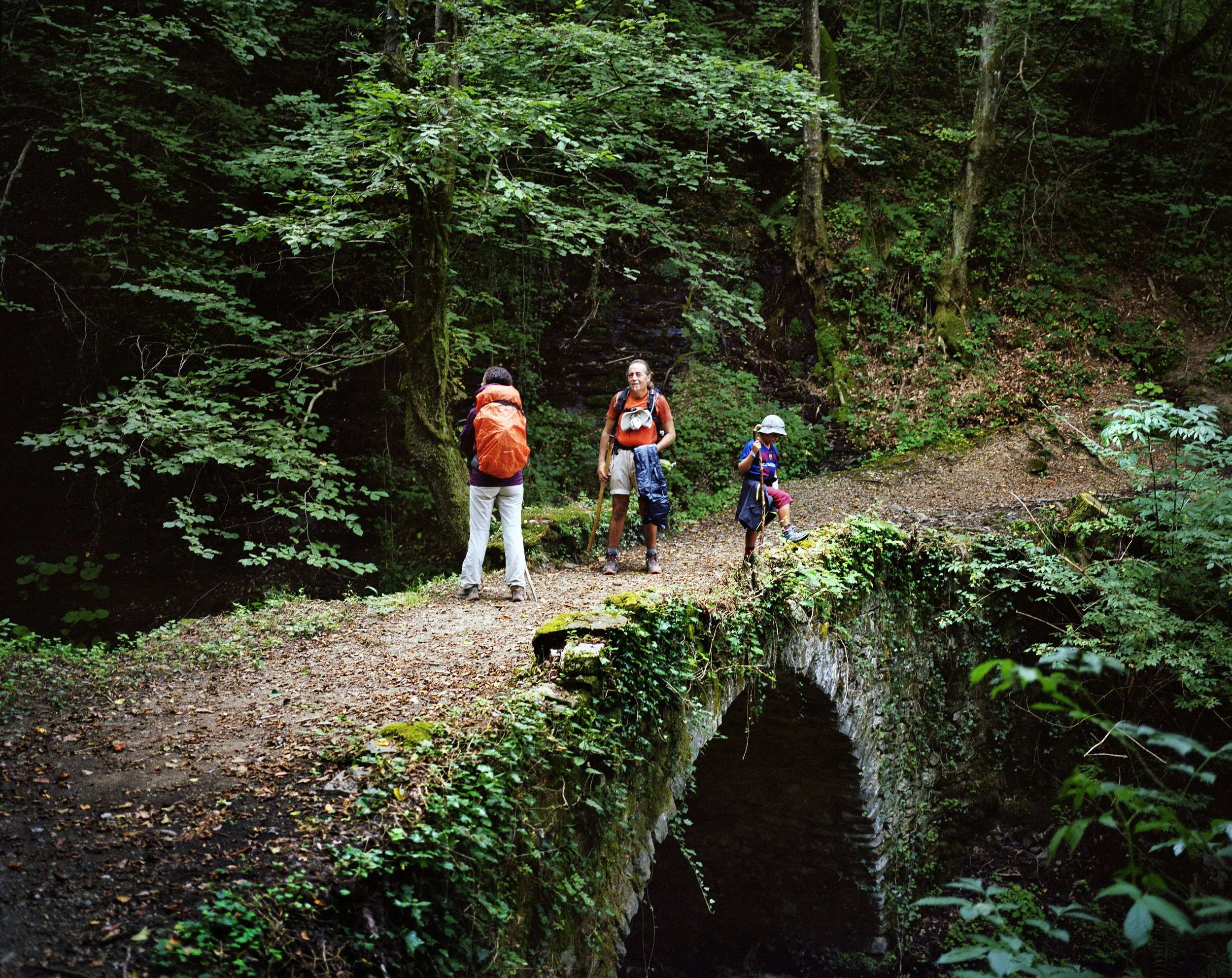 Three hikers in the forest crossing a stone bridge.
