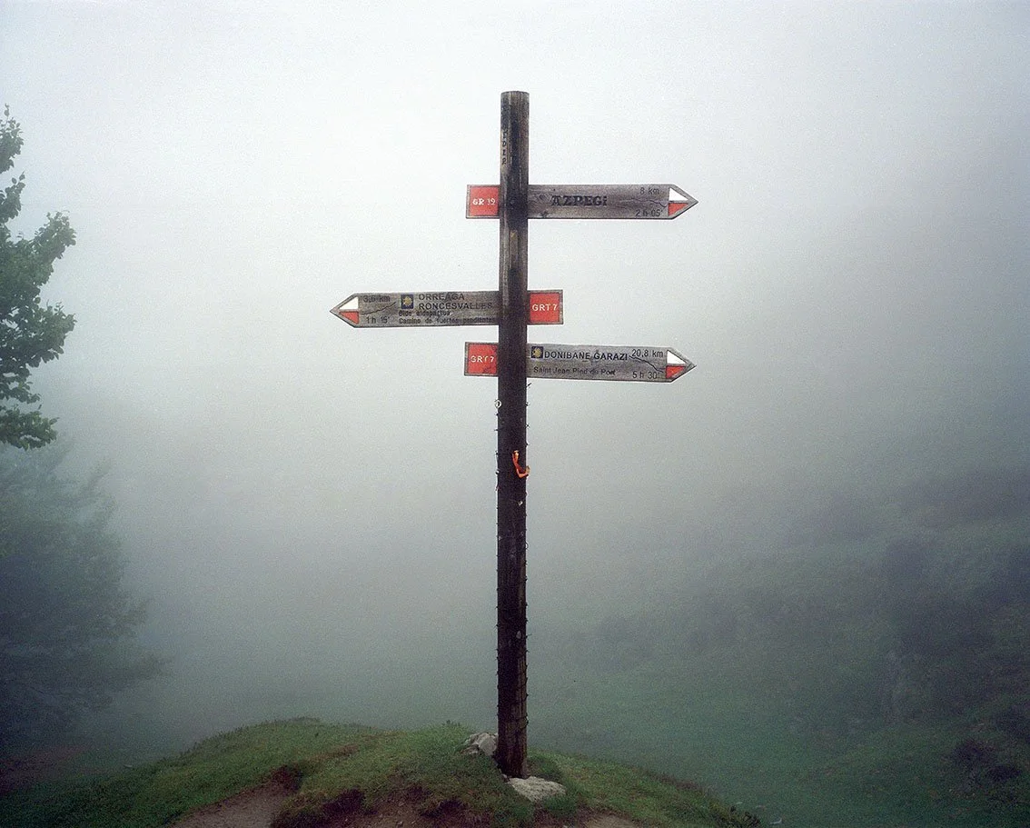 Signpost in thick fog with several signs pointing in different directions.
