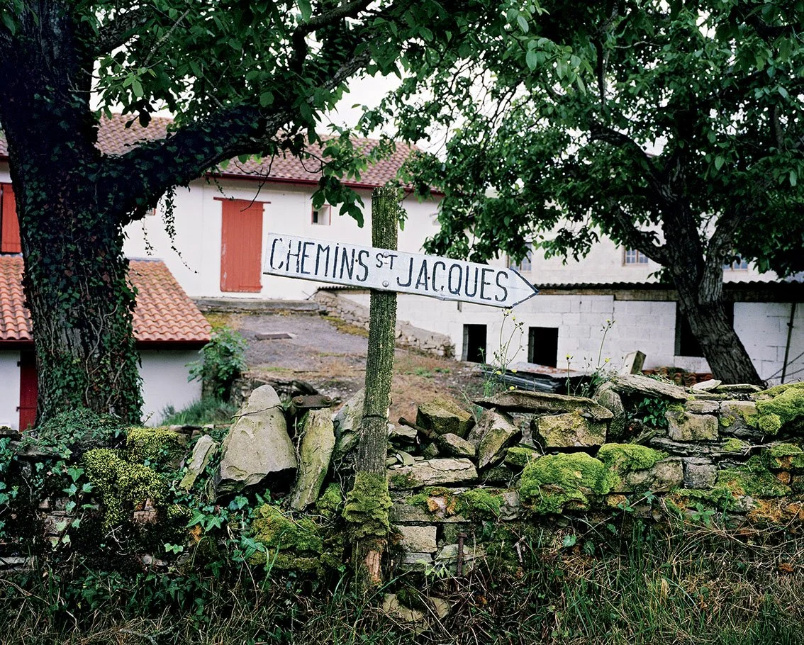 Chemins St Jacques' sign attached to a tree in a rural setting with stone houses and walls.