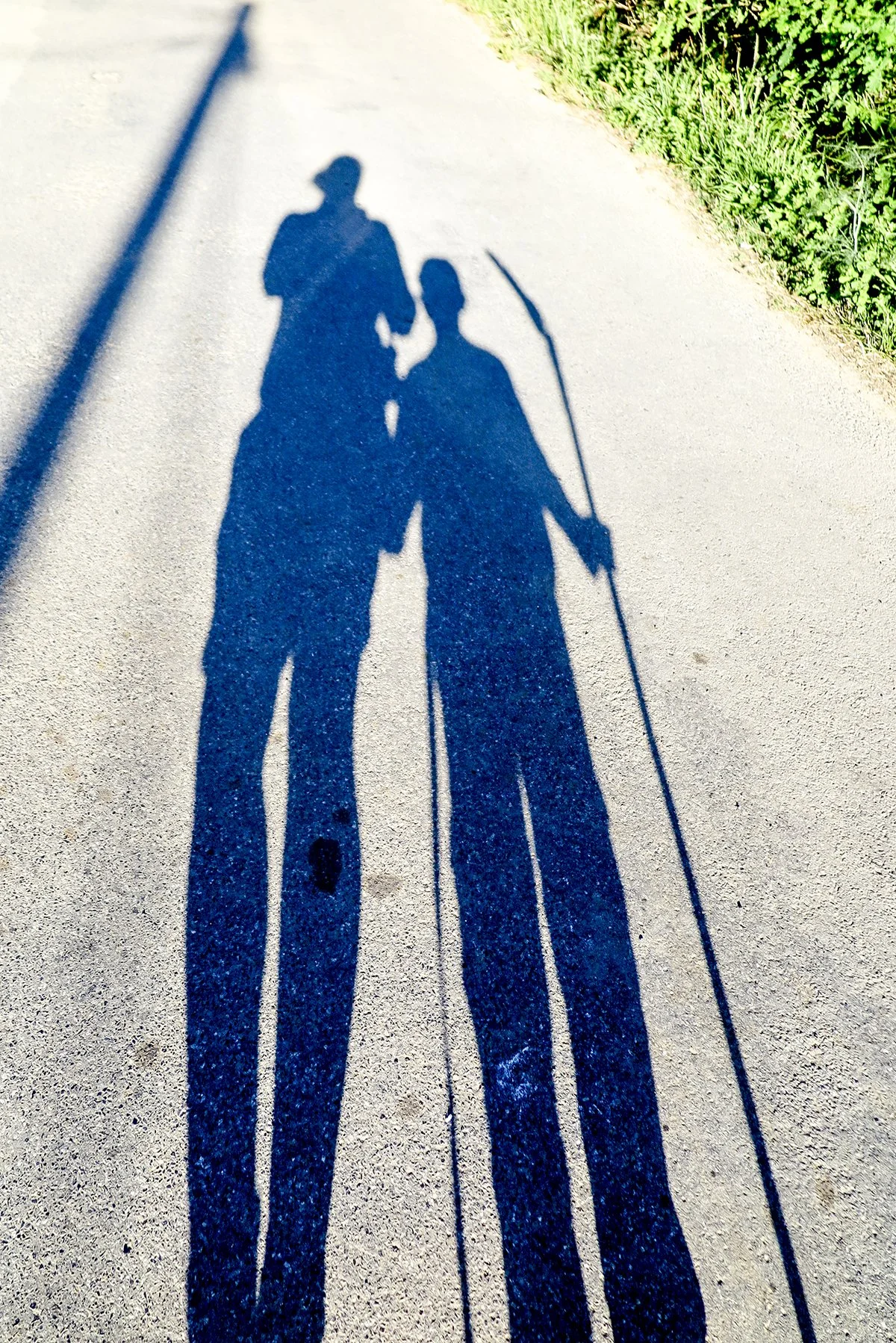 The shadows of two people, one with walking sticks, projected onto a paved road with green vegetation to one side.