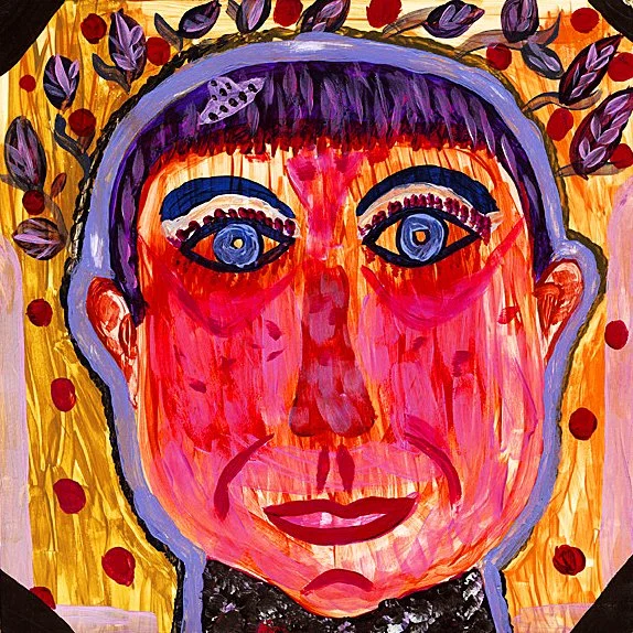 Portrait coloré d'une personne avec des yeux bleus et des cheveux courts, entourée de motifs floraux de couleurs vives.