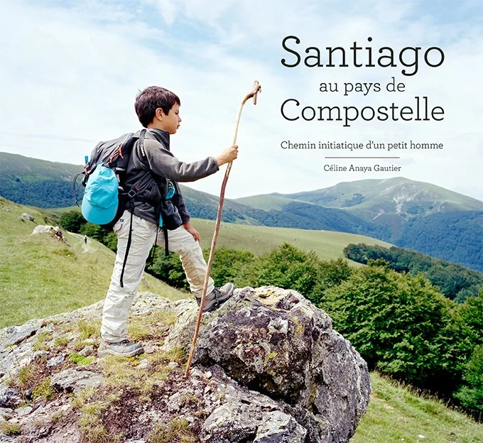 Un jeune garçon en randonnée avec un bâton sur une colline verdoyante, montagne en arrière-plan, devant un ciel partiellement nuageux.