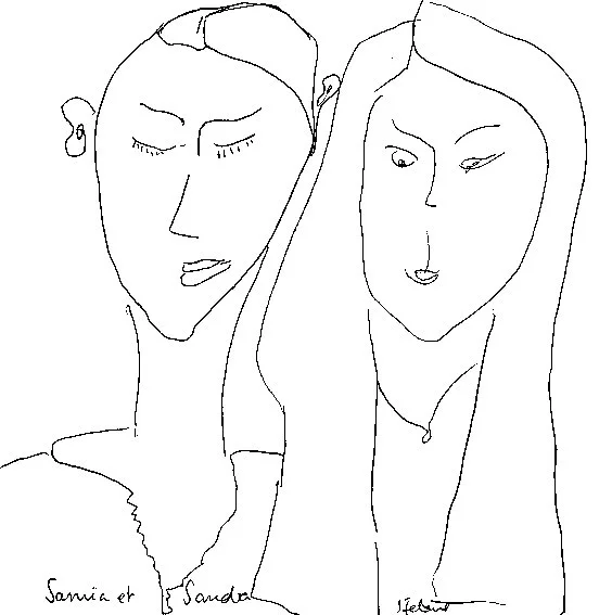Dessin en ligne de deux femmes, l'une avec les yeux fermés, l'autre regardant légèrement vers la droite.
