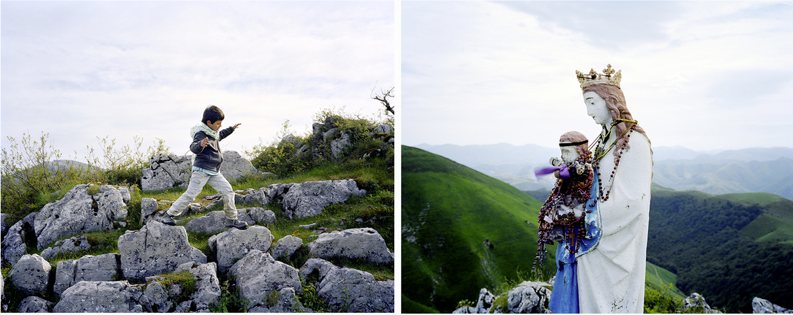 Child braving nature, climbing rocks, and statue of the Virgin Mary holding a baby, with a mountain landscape in the background.