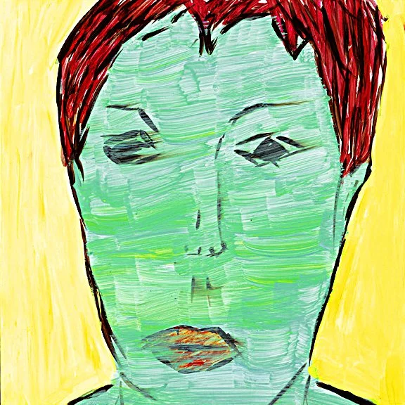 Un portrait d'un visage dessiné de manière abstraite avec des couleurs vives, principalement vert, rouge et jaune, en style artistique expressif.