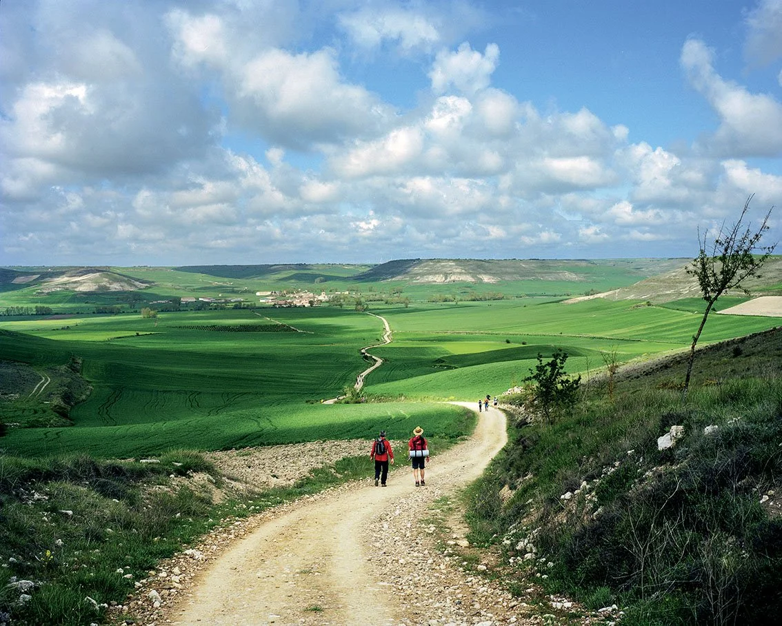 Hikers walking on a dirt path through a landscape of rolling green fields under a partly cloudy sky.