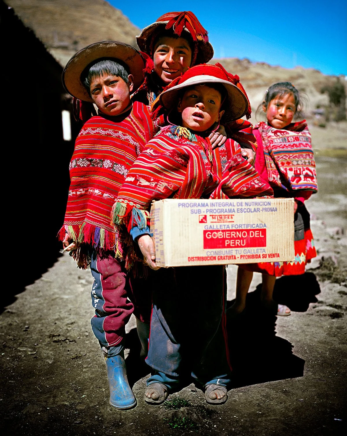 Peruvian children dressed in traditional red clothing, some wearing hats, with a background of mountains and blue sky, most carrying a bag or object, including a box with texts related to food aid.