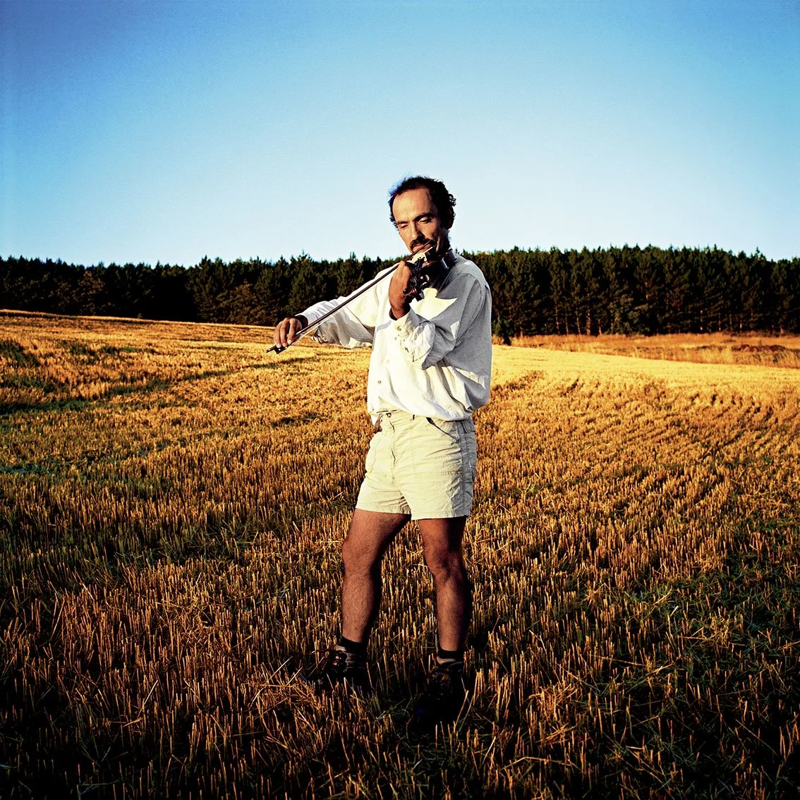 A man plays his violin in a golden wheat field with a forest in the background, under a clear blue sky.