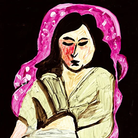 Peinture d'une femme aux longs cheveux noirs, avec un fond rose et des motifs abstraits.