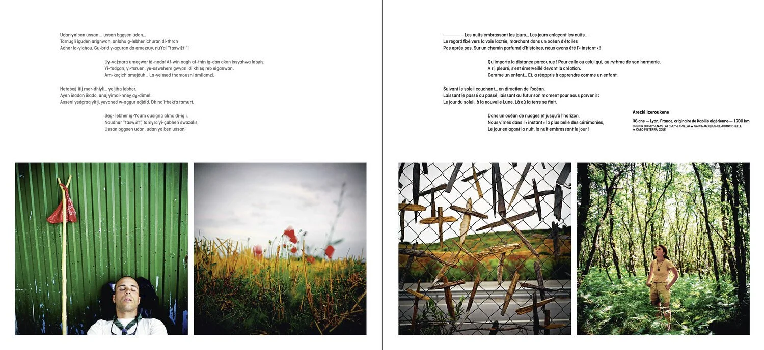 Page avec texte en français et quatre images : un homme rêveur avec une pique rouge devant un mur vert, un champ de marguerites, des bâtons suspendus sur une clôture, et une femme dans une forêt dense.