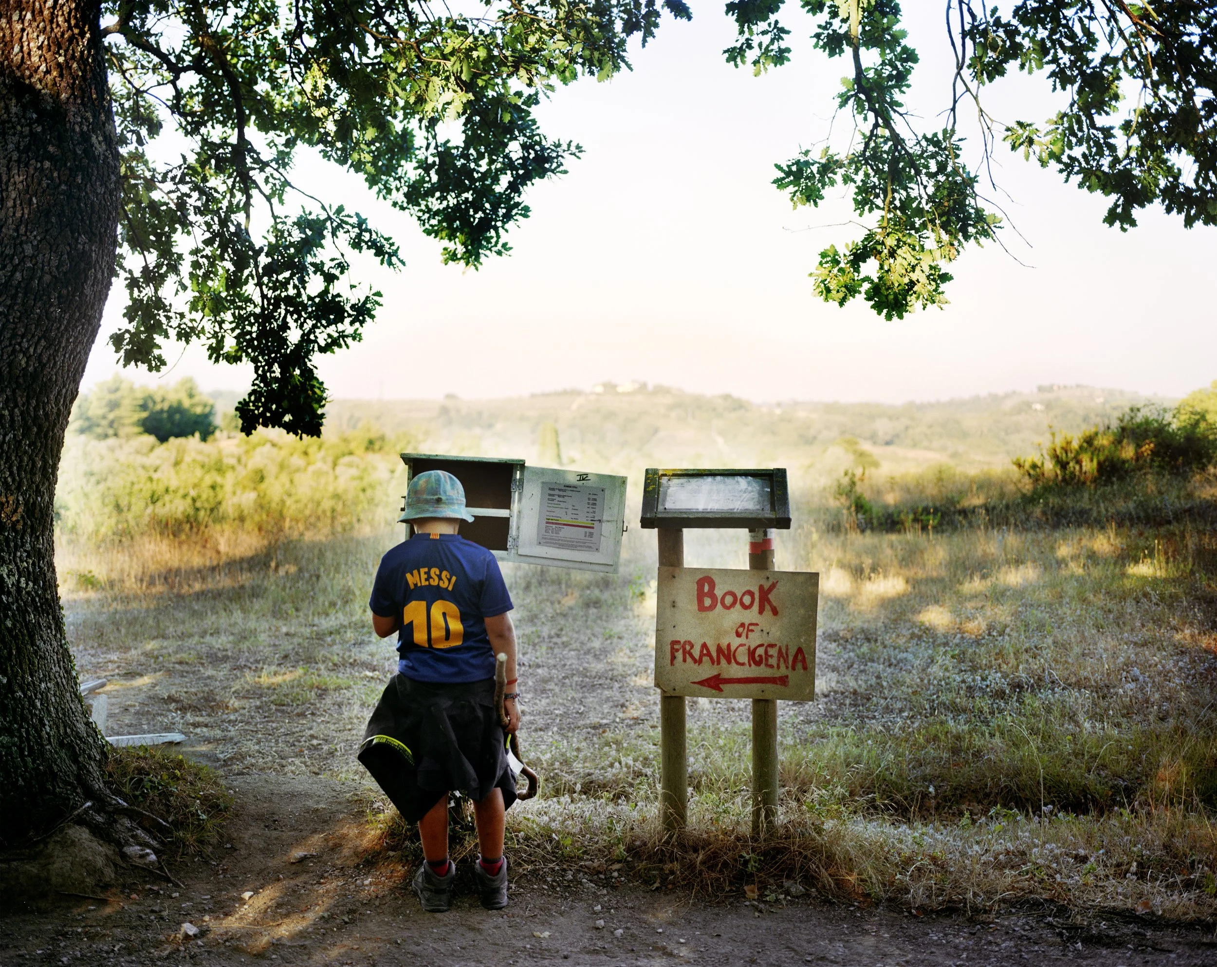 A boy looking at a letterbox under a tree in a rural landscape, with a sign reading 'Book of Francigena' and an arrow pointing left.