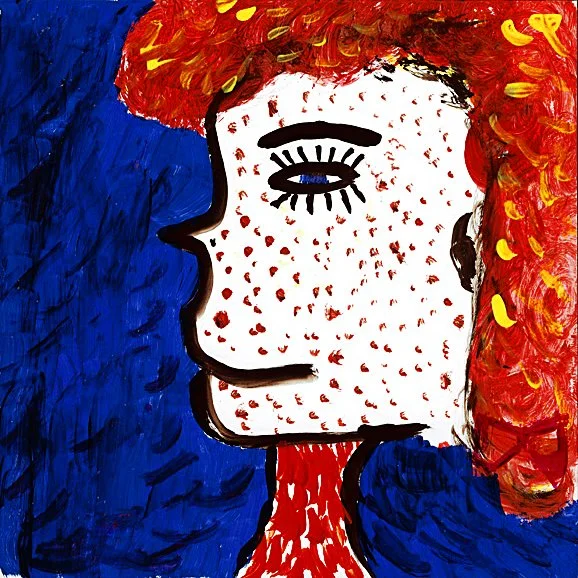 Portrait stylisé d'une femme aux cheveux roux bouclés, face en profil, fond gris avec des touches de rouge et de jaune.