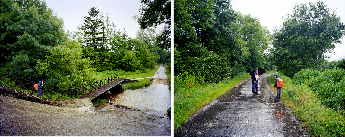 Two photos of a nature walk in light rain, with a child carrying a red backpack. The first photo shows a wooden bridge over a river, and the second shows two people, one of them an adult, walking under an umbrella over a river.