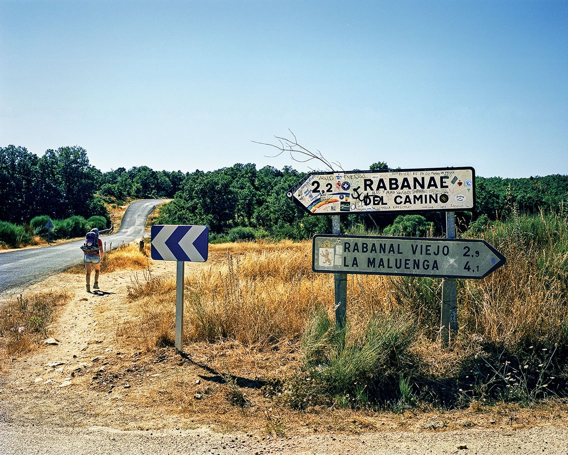 Rural road with signs indicating Rabaña, Camino, Rabanal Viejo and La Maluenga, sunny landscape with yellow grass and greenery.