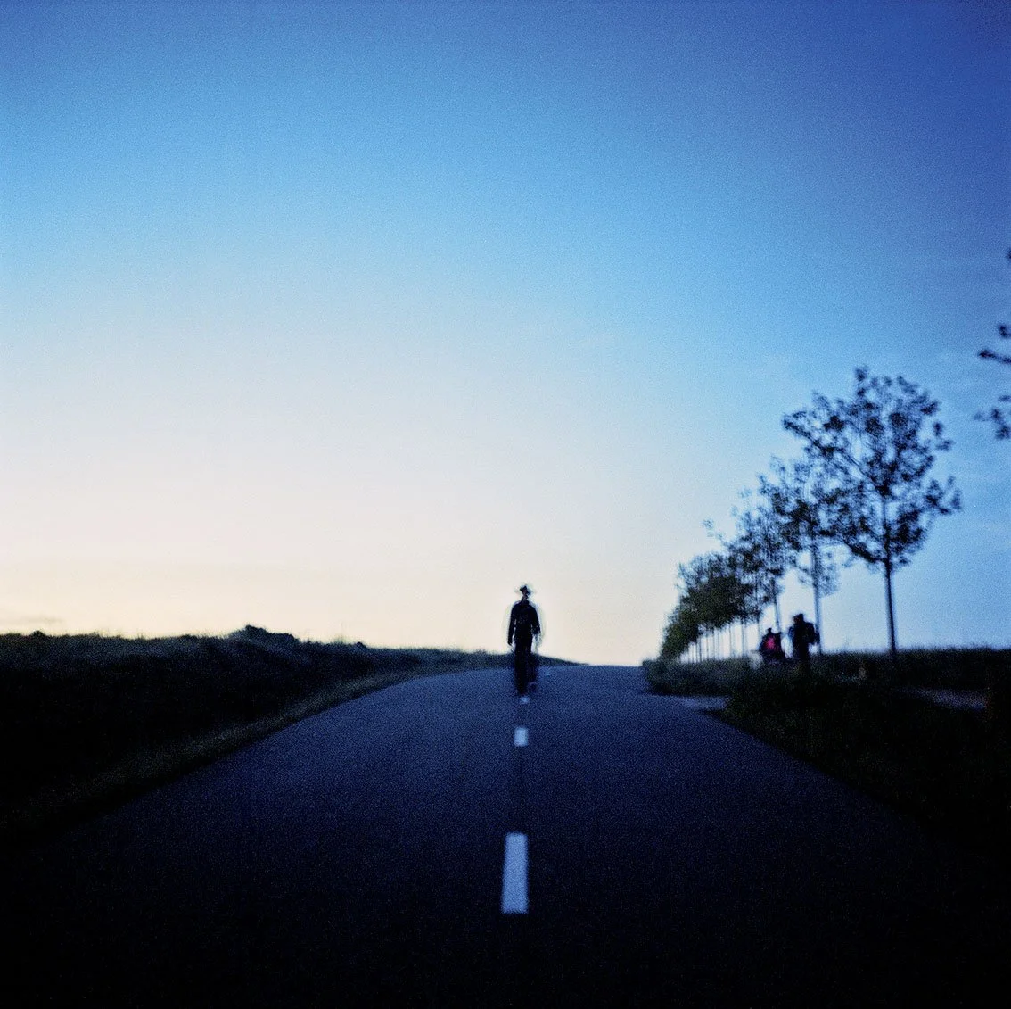 A person is walking alone on an empty road at dusk, with trees lining the sidewalk on the right and a gradated blue sky in the background.