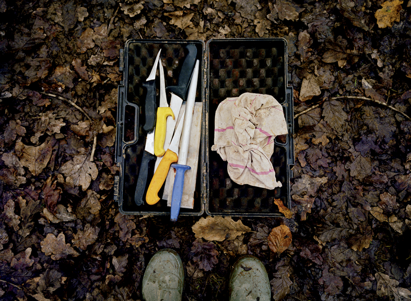Une boîte contenant des outils de randonnée, notamment des couteaux, une lingette, et une pièce de tissu, posée sur un sol recouvert de feuilles mortes.