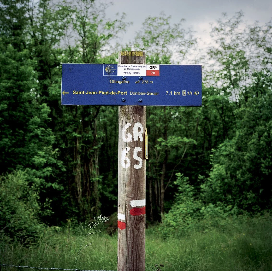 Wooden hiking sign with white and red markings, located in a green forest, pointing the way to Saint-Jean-Pied-de-Port, 7.1 km away.