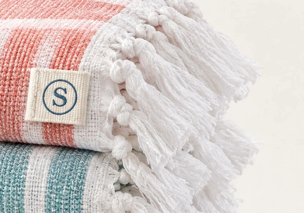 Sienna's Beach House woven S label stitched into a striped Turkish cotton towel with fringe