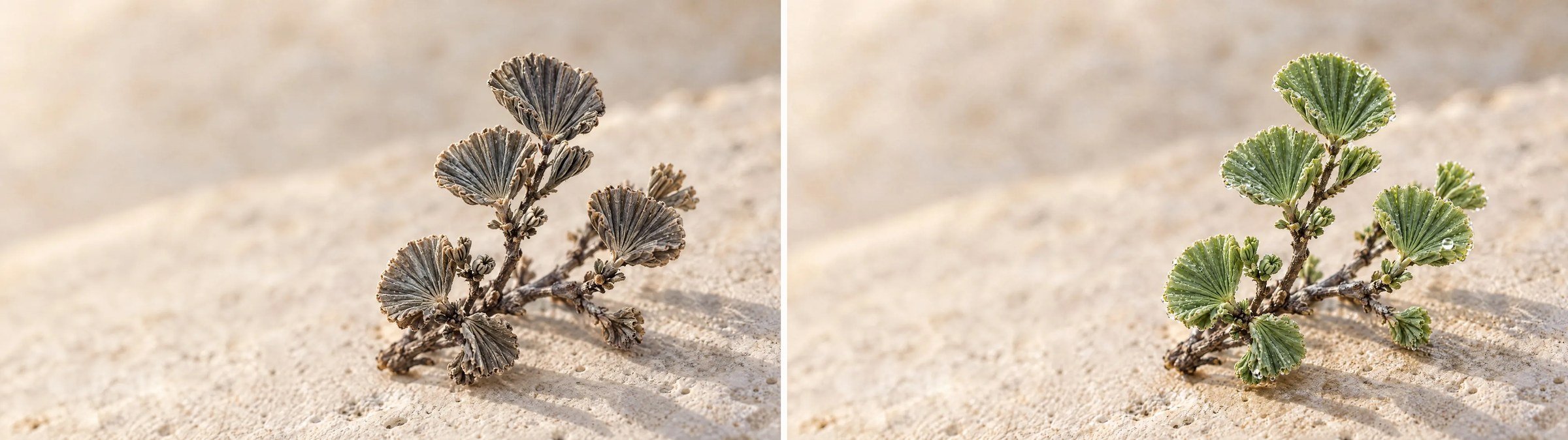 Resurrection plant skincare ingredient, a dormant sprig beside the same sprig revived and green with water droplets