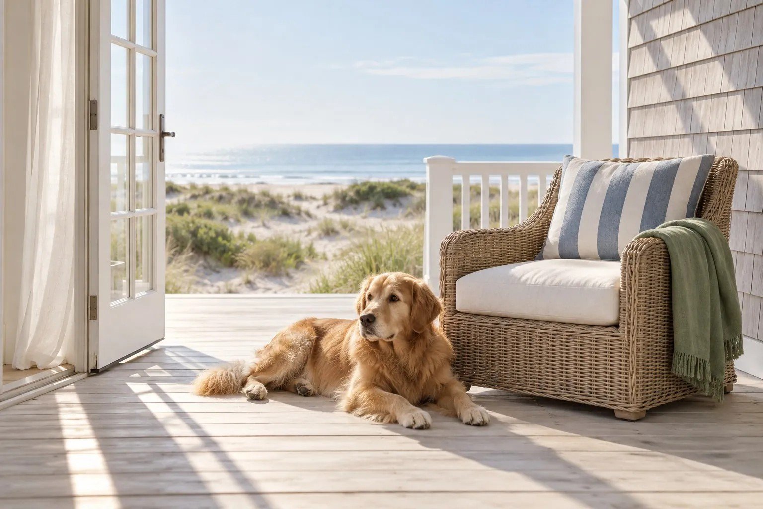 Golden retriever resting on a beach house porch beside a wicker chair with a blue and white striped cushion