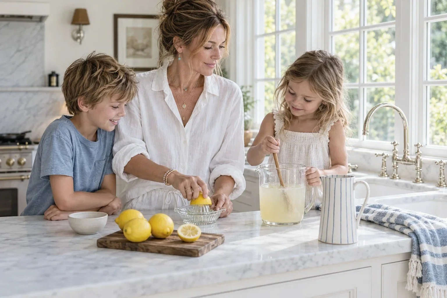 Sienna's Beach House lifestyle scene: a mother and two children making homemade lemonade in a coastal kitchen