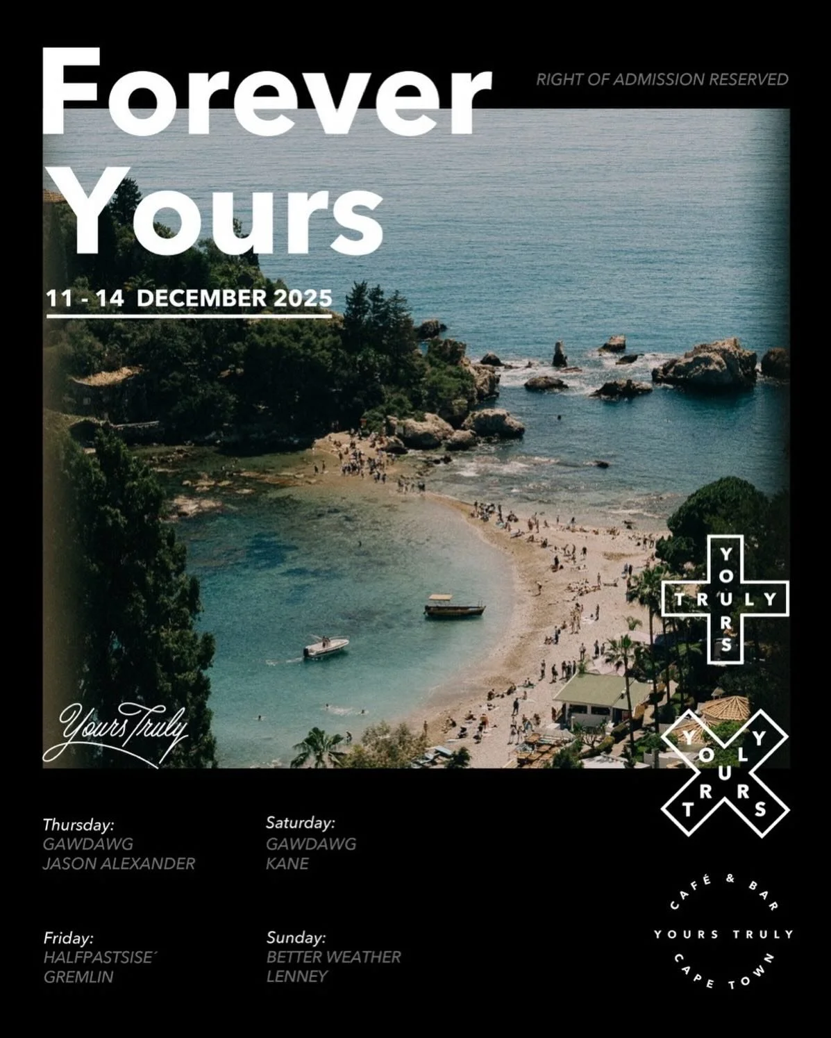 What a good weekend lineup up ahead. A little bit of something for everyone 🌿🍸🎵🪩🍕🌱

@yourstrulycafe #ytc #yourstruly #allyours #thisisyours #sametimetomorrow #restaurant #bar #capetown #southafrica @all.yours.co