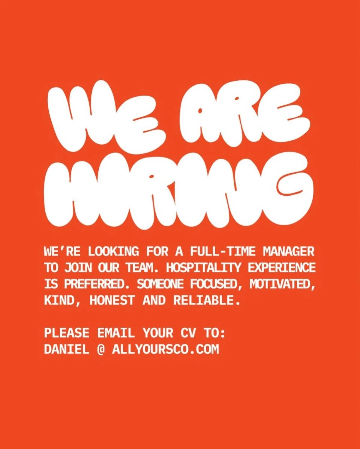 WE ARE HIRING&hellip;.. We&rsquo;re looking for someone to join our team as a Manager. The role requires strong leadership skills, good communication, attention to detail. Some form of retail or hospitality experience would be ideal. 
If interested, 