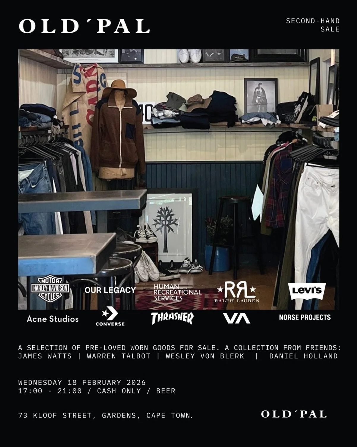 We&rsquo;re super excited to have an OLD PAL pre-loved menswear sale. A collection of items from @wesley_von_blerk @warren_talbot_ @w.o.n.g.o.o.s.e and @danielholland 

Come have a look, enjoy a beer and hopefully find something that you love 👍

Wed