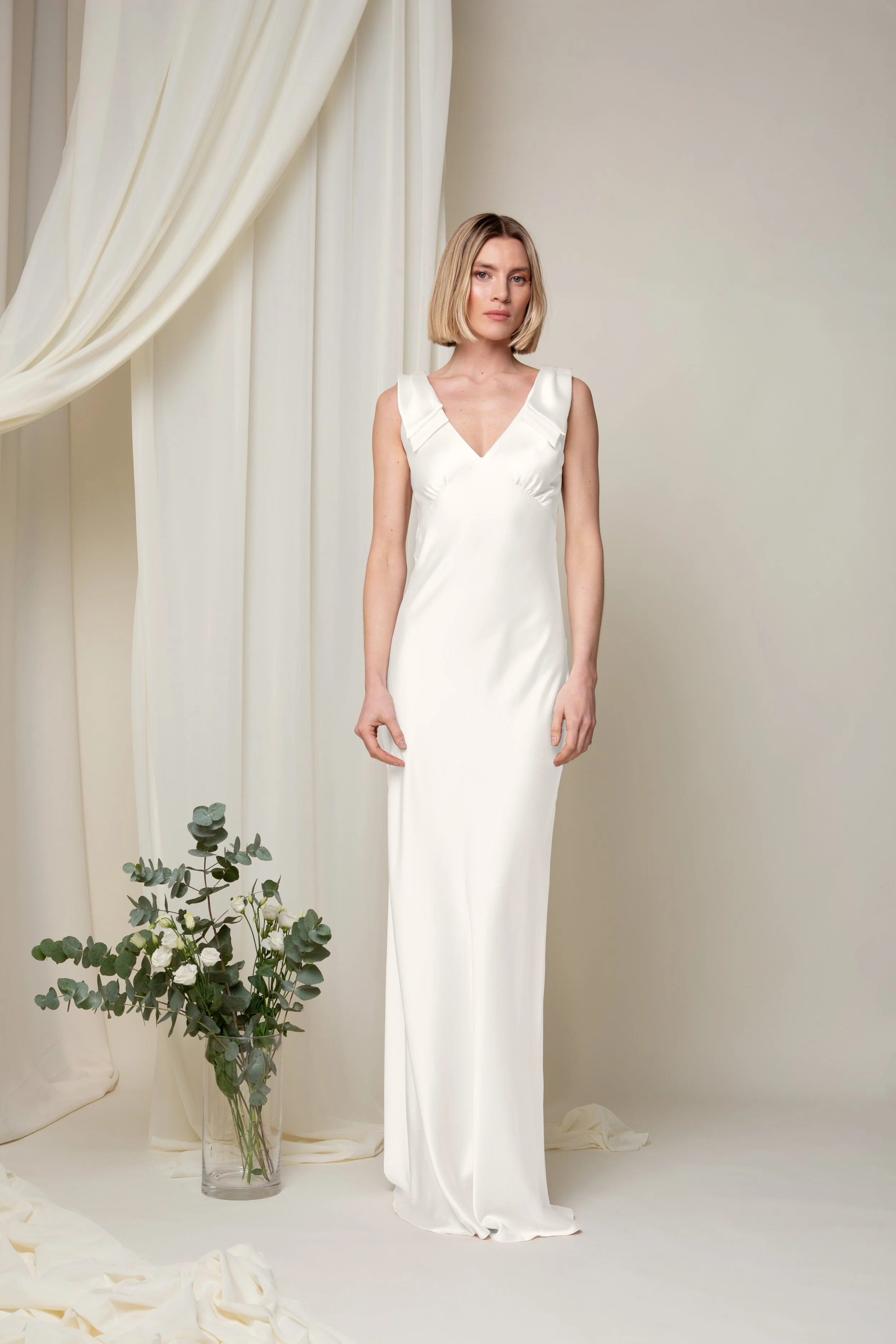 Coco V Neck with Bow Shoulders Satin Dress