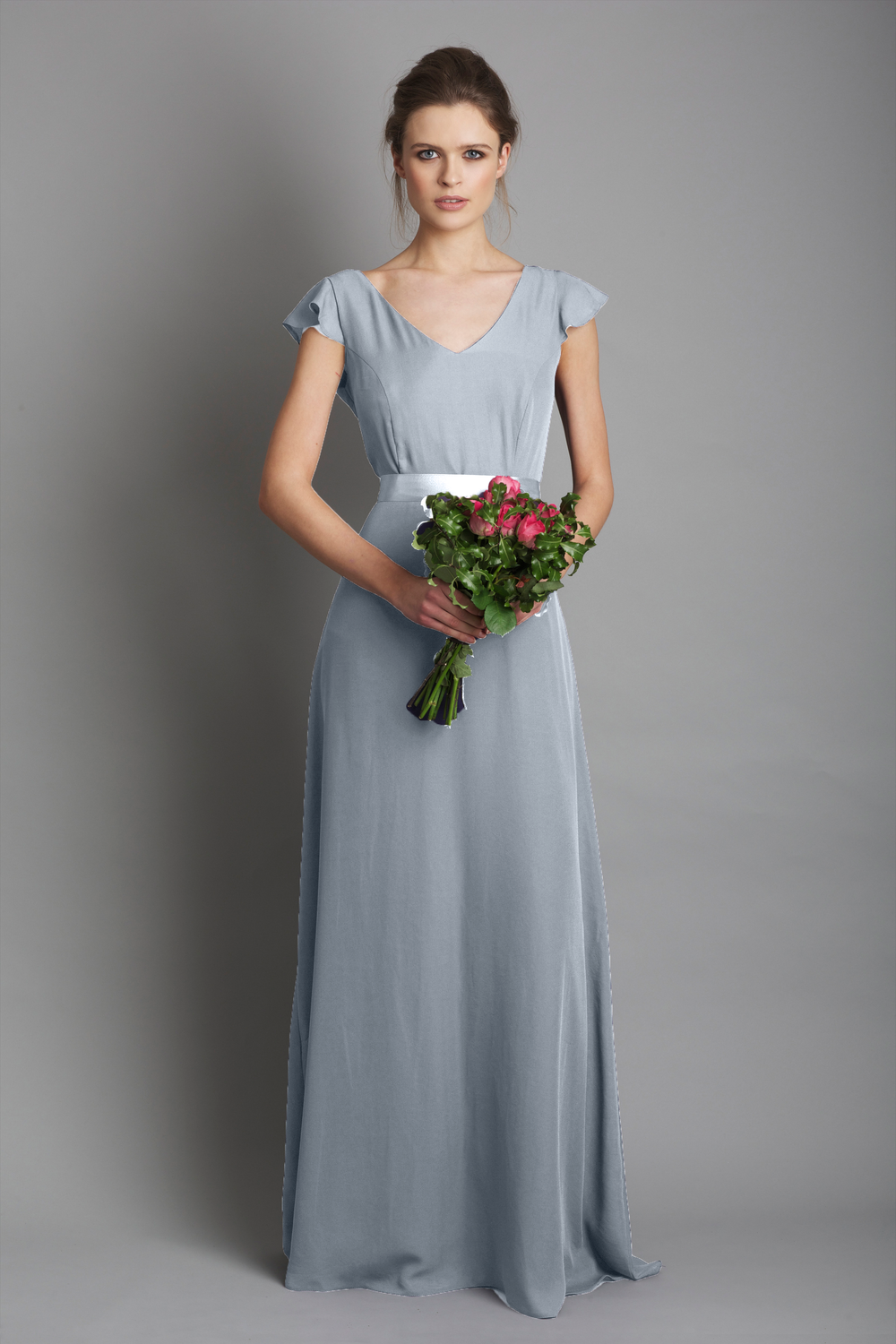 Sale V Neck with Frill Sleeve Chiffon Dress Pale Blue  DRESSCODE