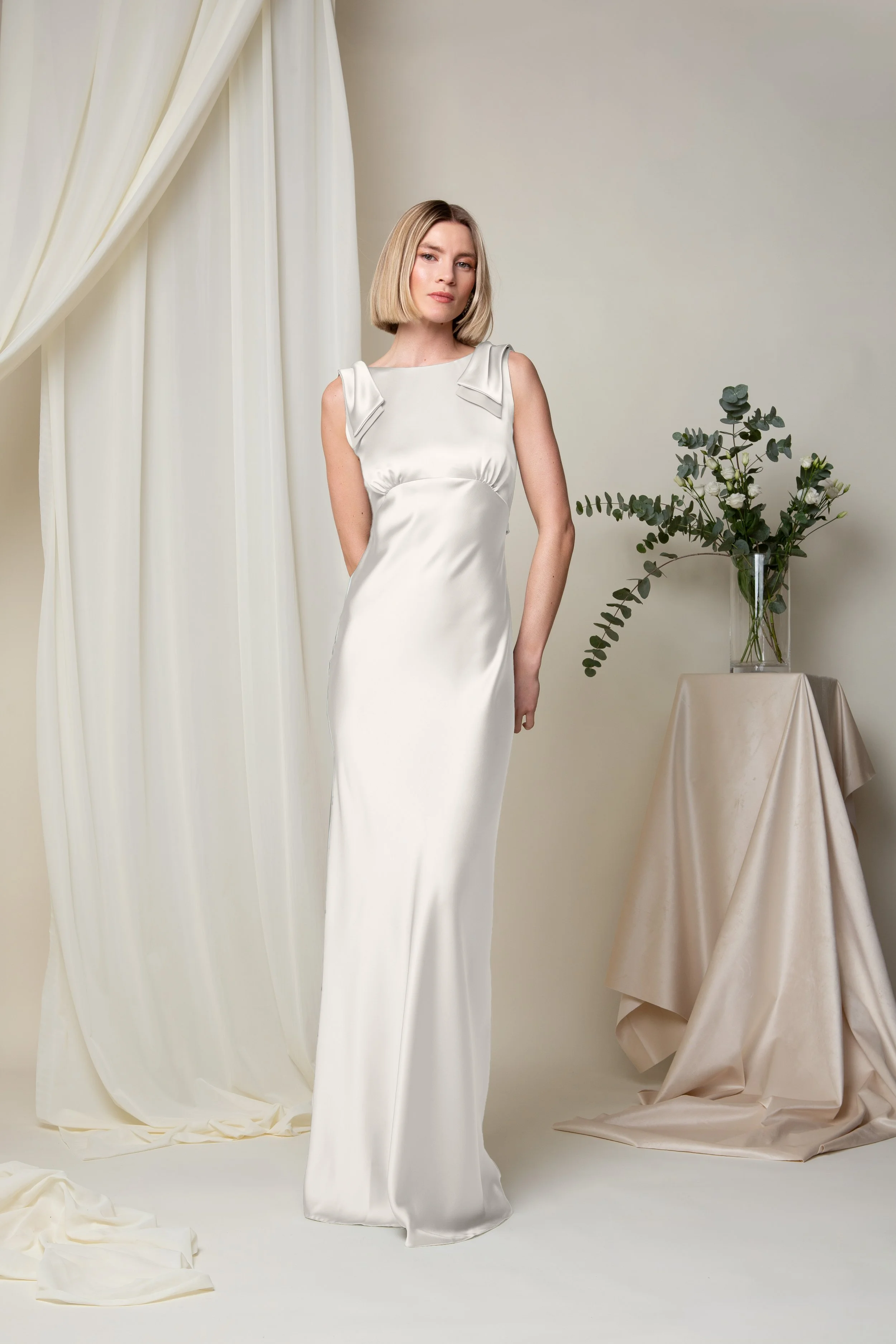 Coco High Neck with Double Classic Bow Satin Dress