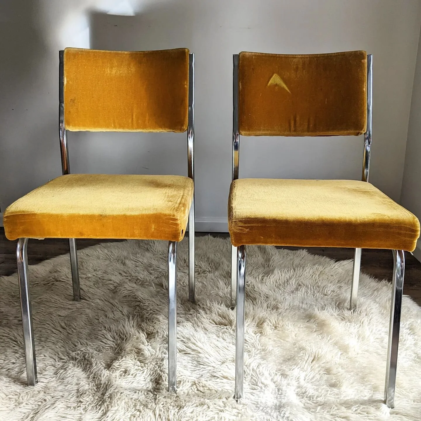 [SOLD] A must-ard have. 

Pair of vintage namco chrome and mustard yellow velvet chairs. Australian made beauties. One has a mark on its back rest, squint and it looks like the Jaws poster, dun dun...