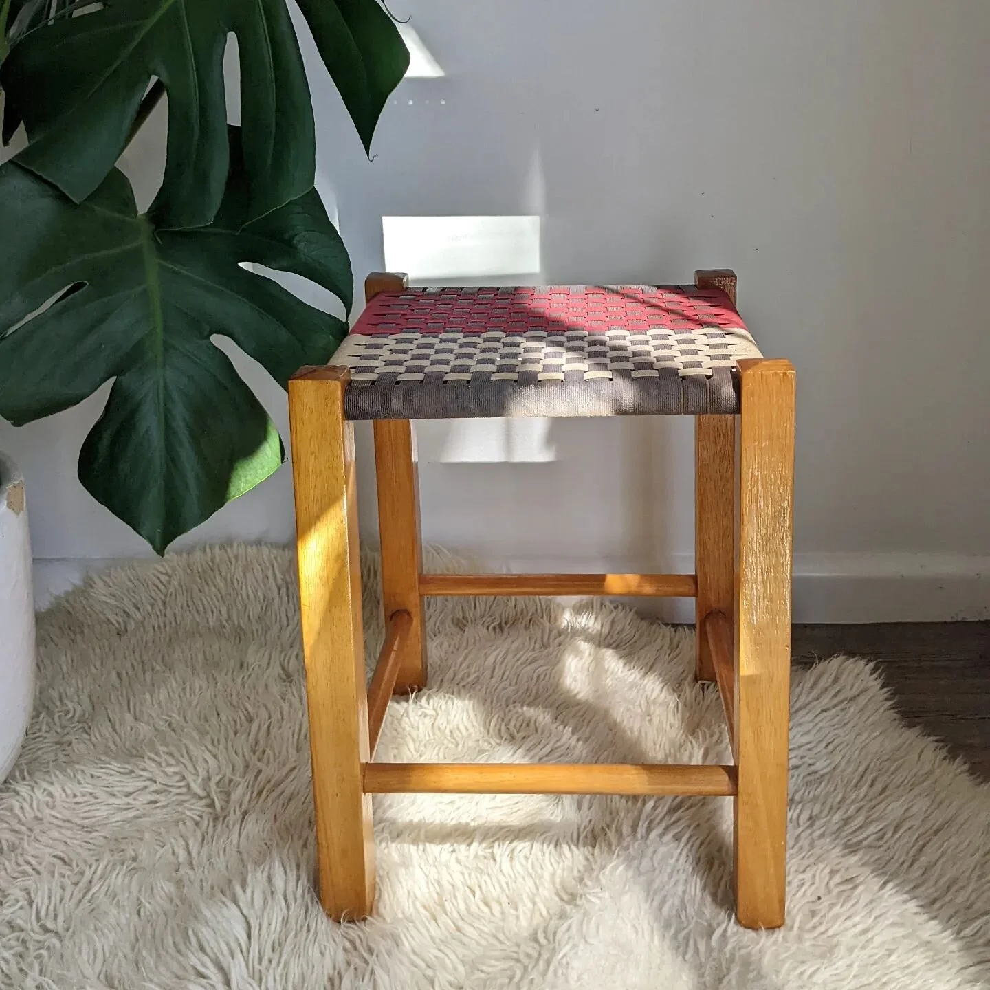 [SOLD] Roped into it.

Vintage stool with a chequered pattern, rope woven seat. The seat is woven from a thin fabric cord. It's in good condition for its age, some signs of its long journey, detailed in pictures, all adding to its vintage charm.

28x